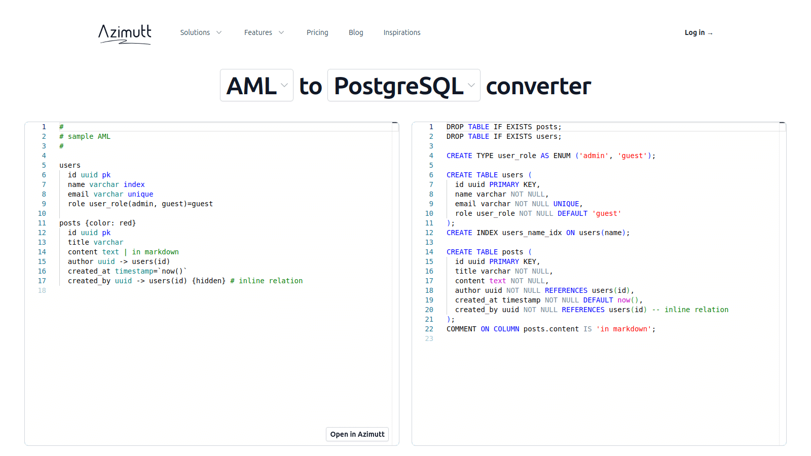 AML to PostgreSQL converter