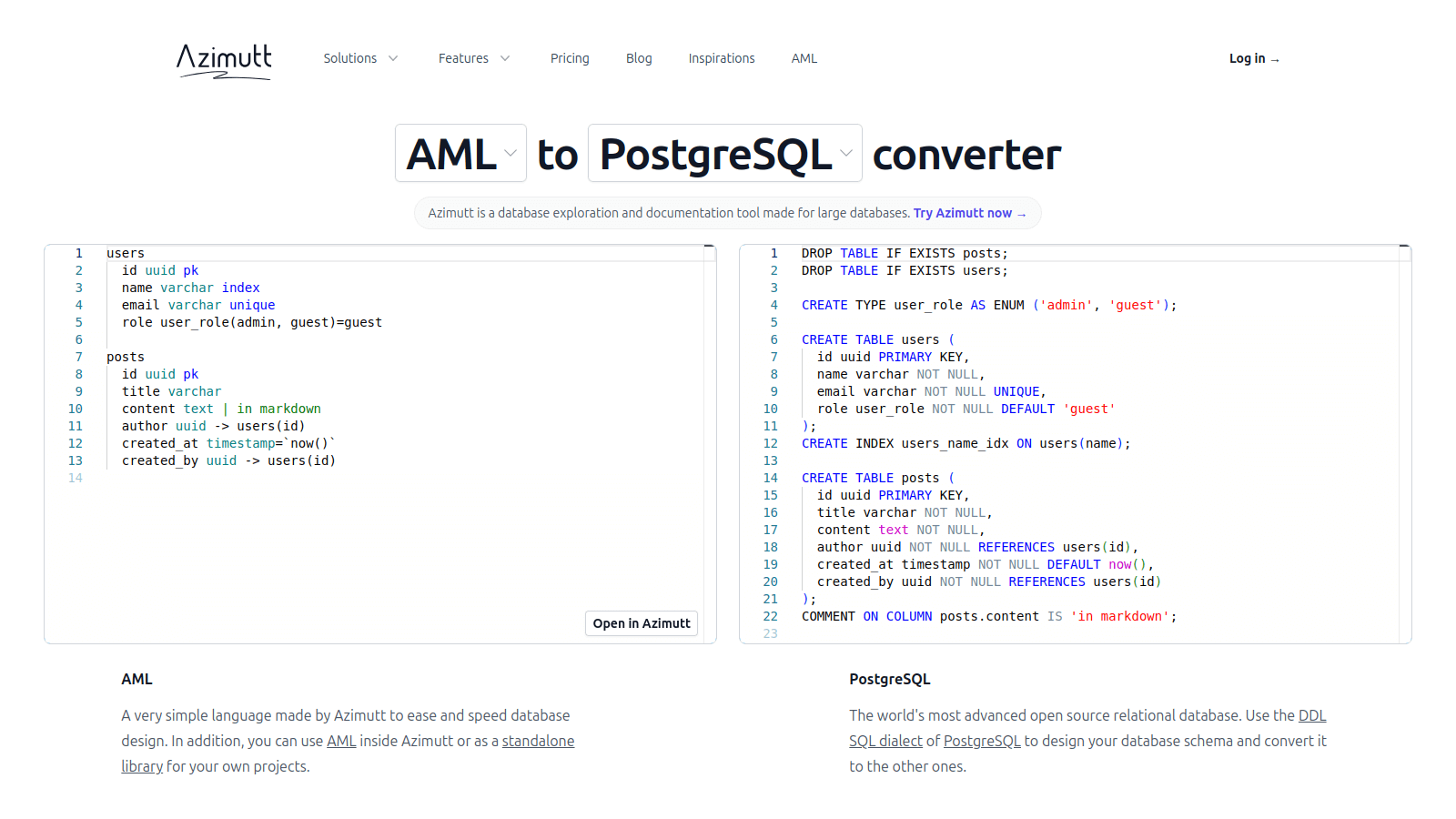 Azimutt converter from AML to PostgreSQL