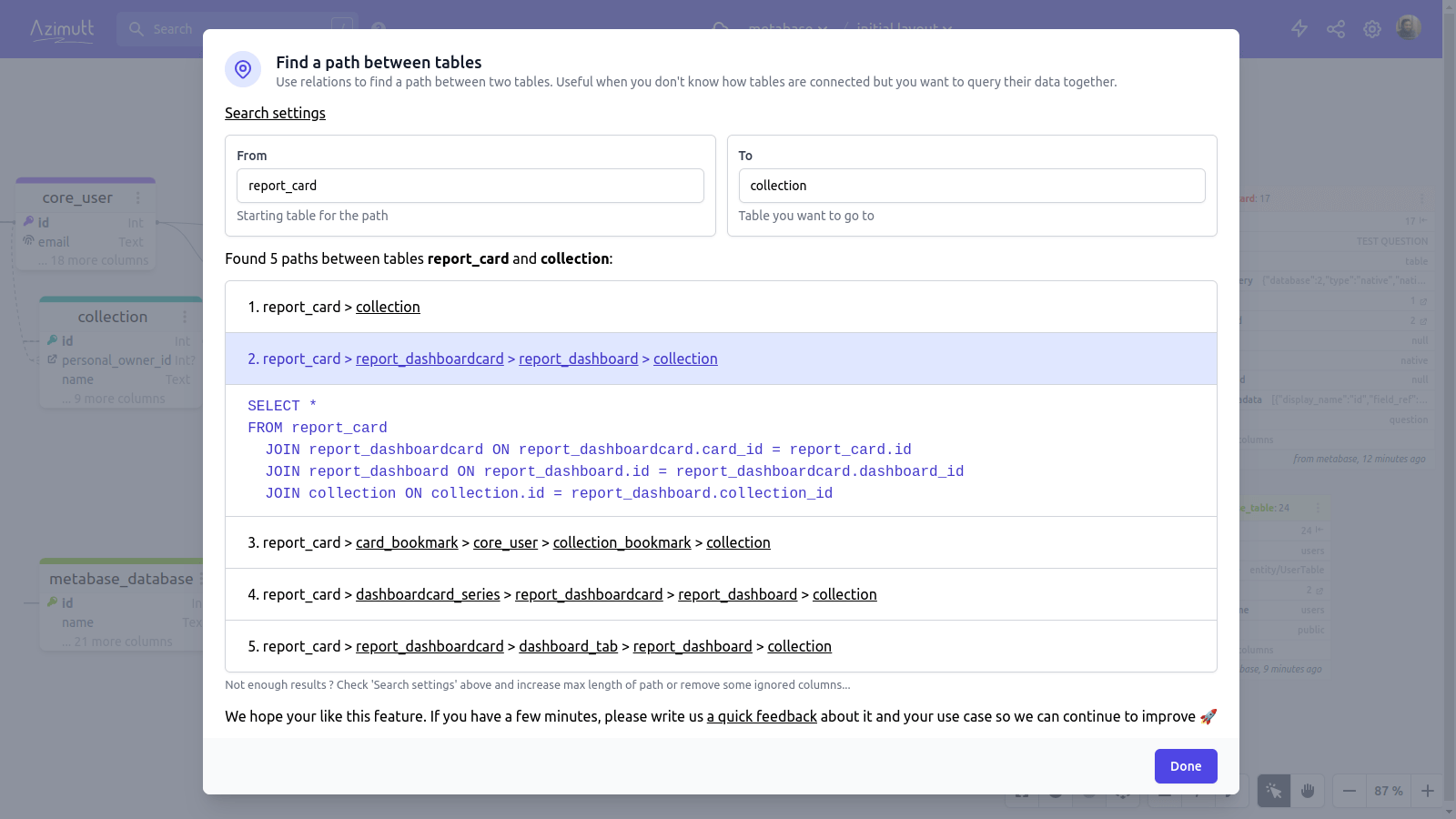 Azimutt find path between two entities