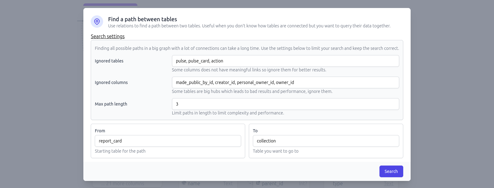 Azimutt find path settings