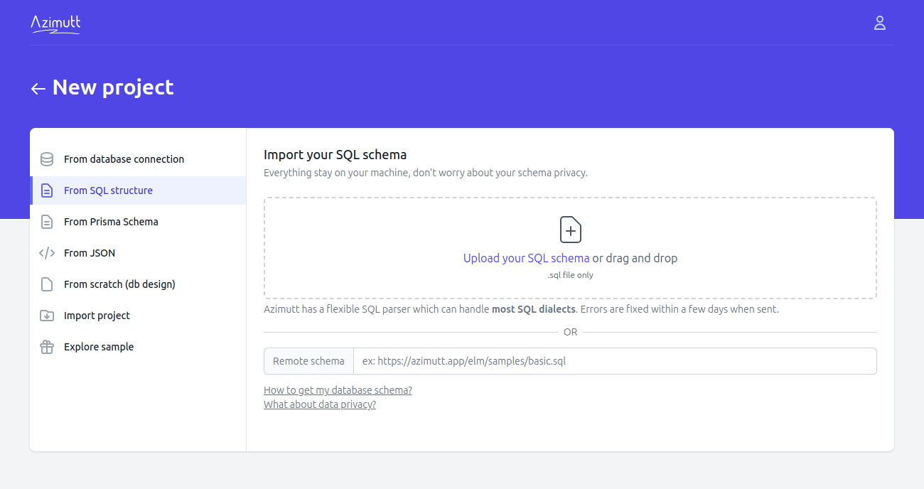 New Azimutt project with SQL file